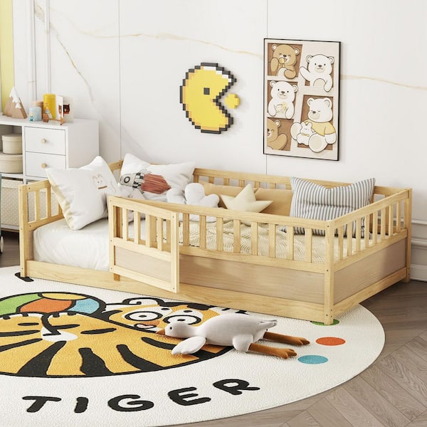 Natural Brown Twin Size Floor Bed Frame with Door and Support Slats