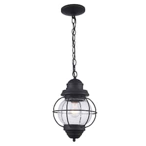 Catalina 9 in. 1-Light Black Hanging Outdoor Pendant Light with Seeded Glass