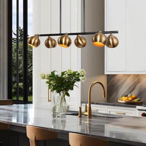 6-Light Brass-Plated Island Chandelier, Globe Metal Pendant Light for Kitchen Island, Modern Linear Hanging Light