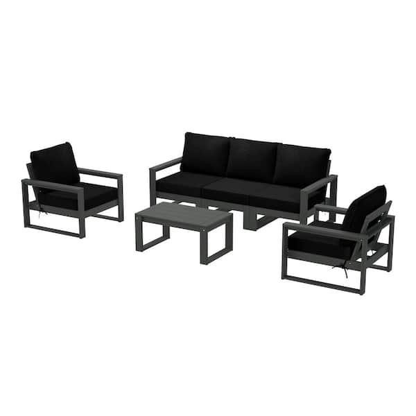 Endless Gray Frame Black Cushions 6-Piece HDPE Plastic Outdoor Patio Conversation Deep Seating Set