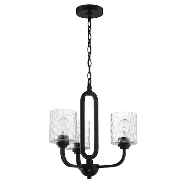 CRAFTMADE Collins 3-Light Flat Black Finish w/Hammered Glass Transitional Chandelier for Kitchen/Dining/Foyer No Bulb Included