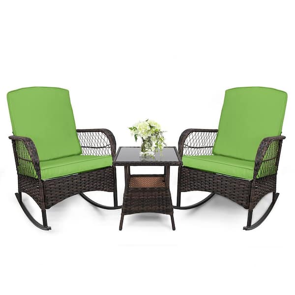 LeveLeve 3-Piece Outdoor Wicker Rocking Bistro Set Conversation Chairs PE Rocking Chairs with Green