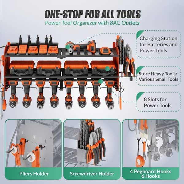 Power Tool Organizer 8 Drill Wall Mount with Charging Station Orange SPTR002A orange The Home Depot