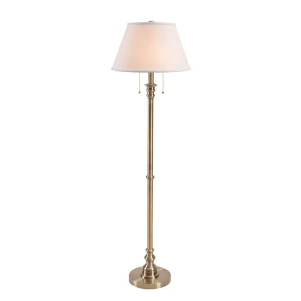 Spyglass 59.5 in. Antique Brass 2-Light Column Floor Lamp with Off-White Fabric Shade