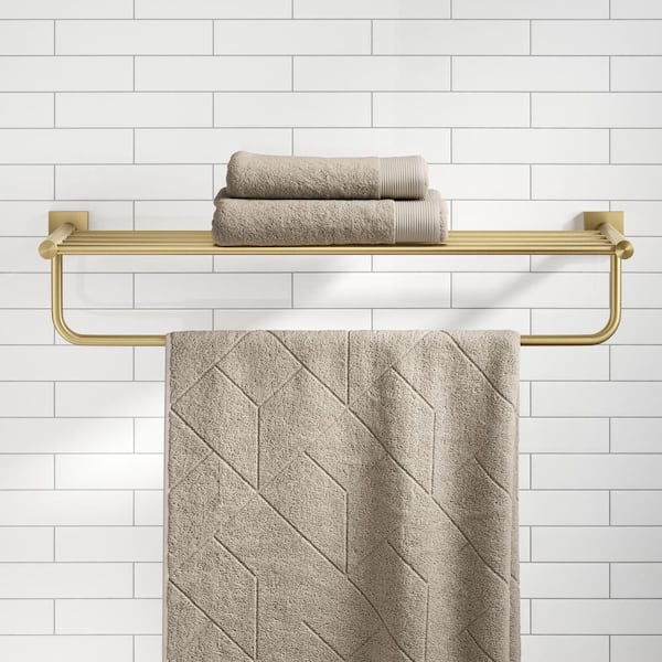 24 Wall Mounted Brass Bathroom Shelf with Towel Rack in Brushed Gold