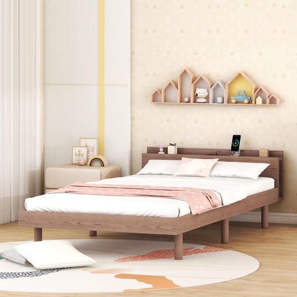 Nestfair Walnut Brown Wood Frame Twin Size Platform Bed with Built-in USB Ports