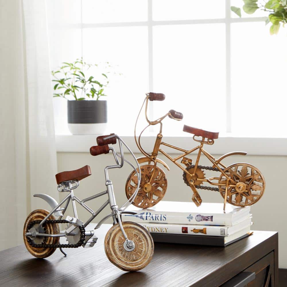 Vintage-Inspired Metallic Bicycle Statues with Wooden Accents, Set of 2