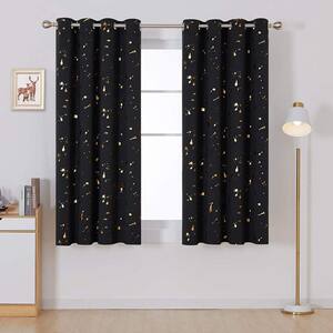 52 in. x 108 in. Black Foil Gold Print Geometric Dot Pattern Blackout Indoor Curtains (2 Panels)