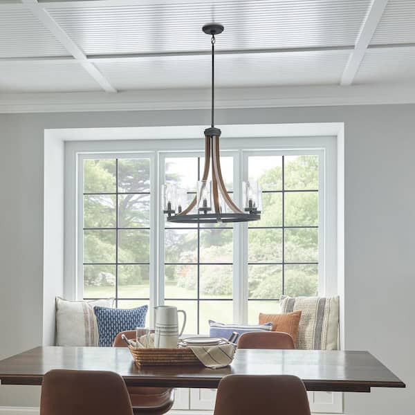 Grand Bank 25 in. 6-Light Auburn Stained Wood and Black Farmhouse Shaded Round Chandelier for Dining Room