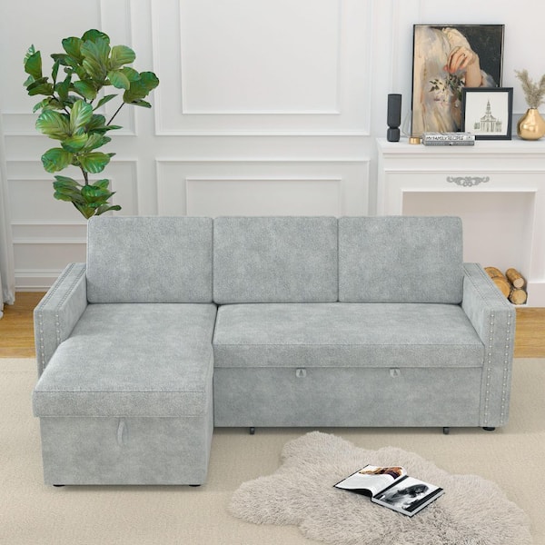 aisword Light Grey 85 in. Chenille PullOut Sofa Bed 3 Seater Sleeper with Storage Chaise Square Handrail and Stylish Copper Nail