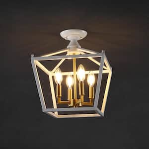 Plains Mini Lantern 12 in. 4-Light Iron Modern Farmhouse LED Flush Mount, White/Brass Gold