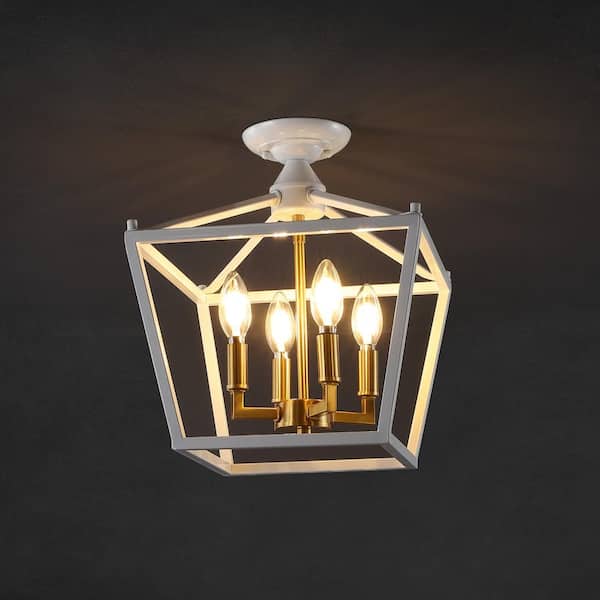 JONATHAN Y Plains Mini Lantern 12 in. 4-Light Iron Modern Farmhouse LED Flush Mount, White/Brass Gold