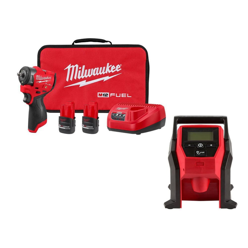 Milwaukee M12 FUEL 12V Lithium-Ion Brushless Cordless 3/8 in. Subcompact Impact Wrench w/ Friction Ring Kit & M12 Inflator