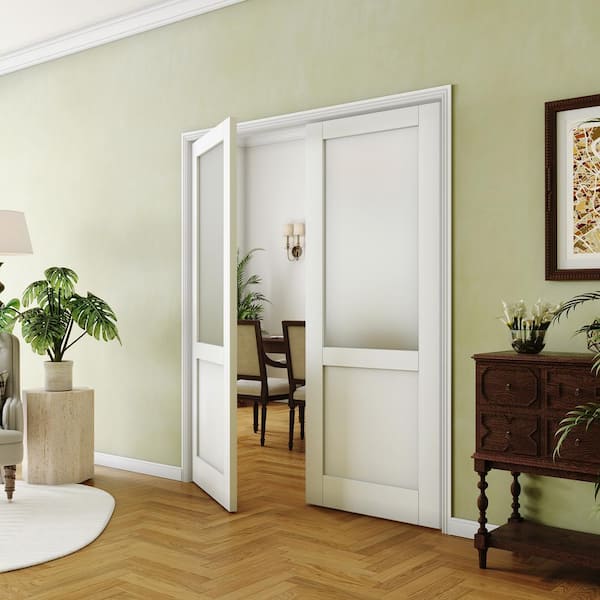 64 in. x 80 in. (Double 32 in. ) MDF 1/2-Lite Frosted Glass Solid Core White Primed, Standard Interior Door.