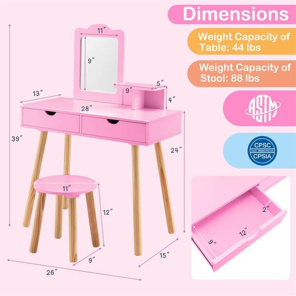 Kids Vanity Table & Chair Set With Lights & Storage - Pink Wooden Dressing Table For Girls 3+