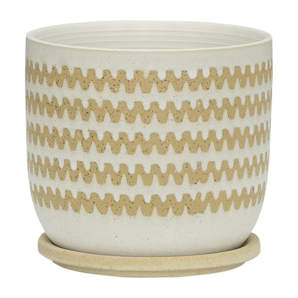 Flynama 8 in. Khaki Pattern White Ceramic Planter Stand Plant Pot for Outdoor/Indoor (1-Pack)