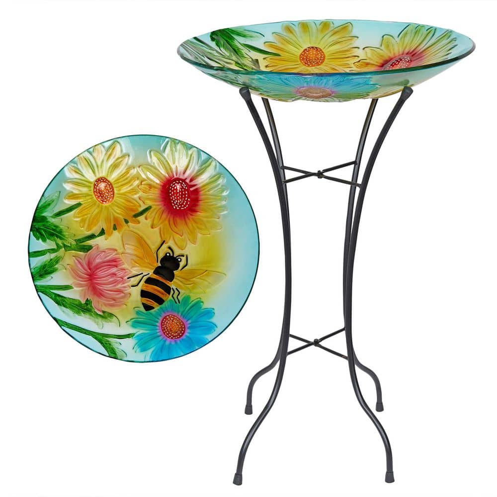 "18"" Glass Birdbath w/Flowers & Bee w/Metal Stand" price history on PriceWatchPro