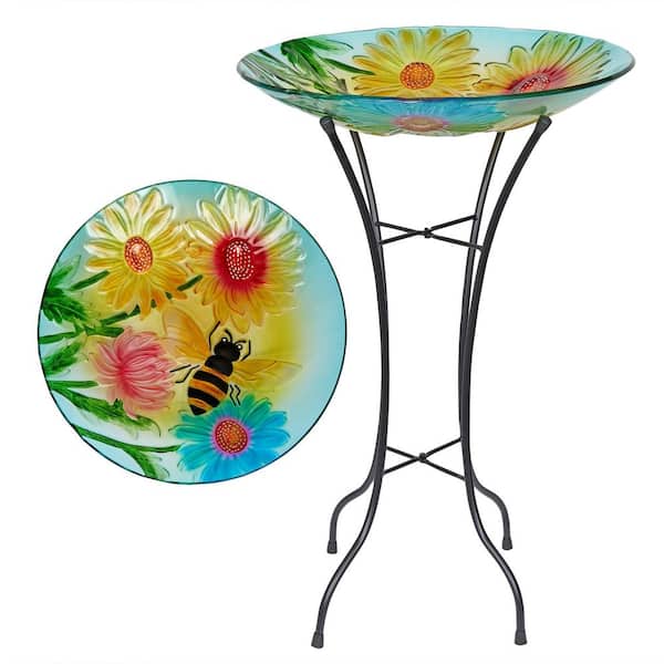 Alpine Corporation 18" Glass Birdbath w/Flowers & Bee w/Metal Stand