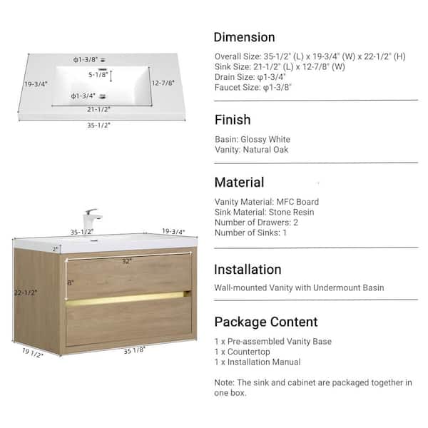 Ziyudura 36 in. Single Sink Floating Oak Bath Vanity with