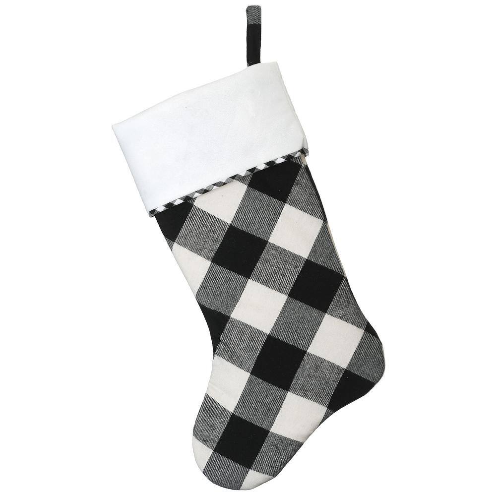 19" Black and White Plaid Christmas Stocking with White Cuff
