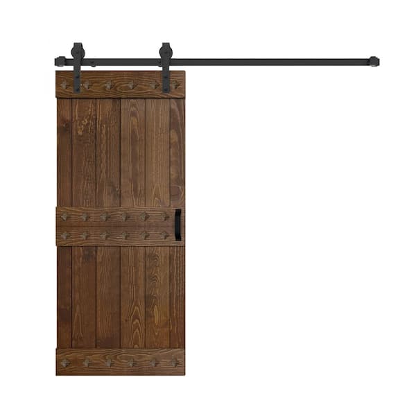 ISLIFE Mid-Century Style 38 in. x 84 in. Dark Walnut DIY Knotty Pine Wood Sliding Barn Door with Hardware Kit