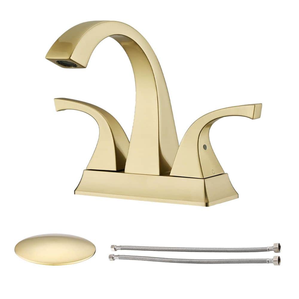 4 in. Centerset Double Handles Low Arc Bathroom Sink Faucet with Drain Kit Included in Brushed Gold price history on PriceWatchPro