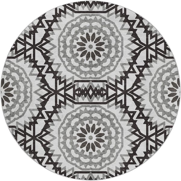 Dream Shag Premium Machine Washable Abstract ADS619 White 8 ft. x 8 ft. Round Rug