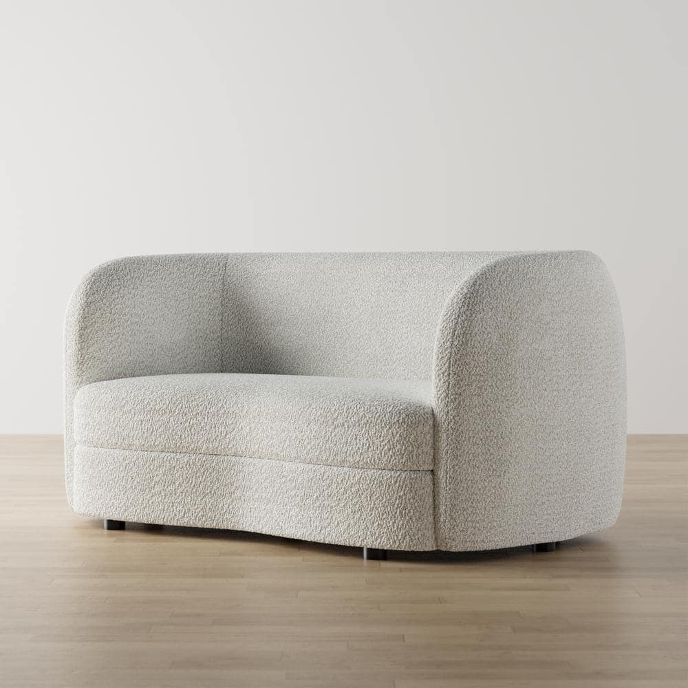 Off-White Boucle Fabric Curved Loveseat with Wooden Legs