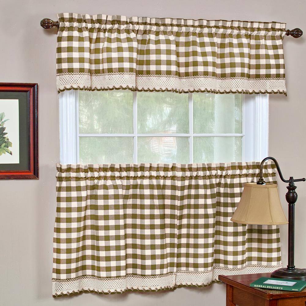 Taupe and Ivory Buffalo Check Tier Curtains with Scallop Trim
