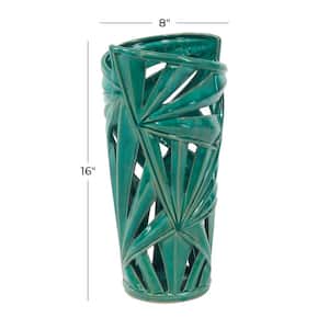 16 in. Green Ceramic Leaf Decorative Vase with Cut Out Deigns