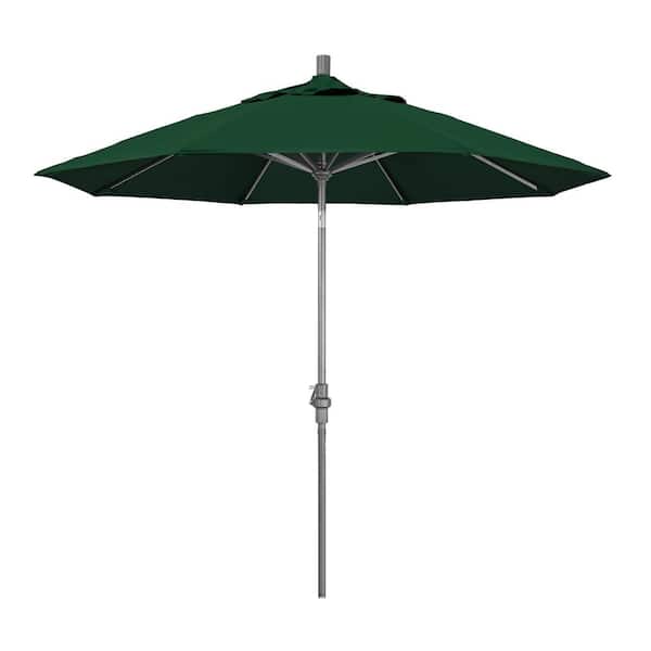 California Umbrella 9 ft. Hammertone Grey Aluminum Market Patio Umbrella with Collar Tilt Crank Lift in Forest Green Sunbrella