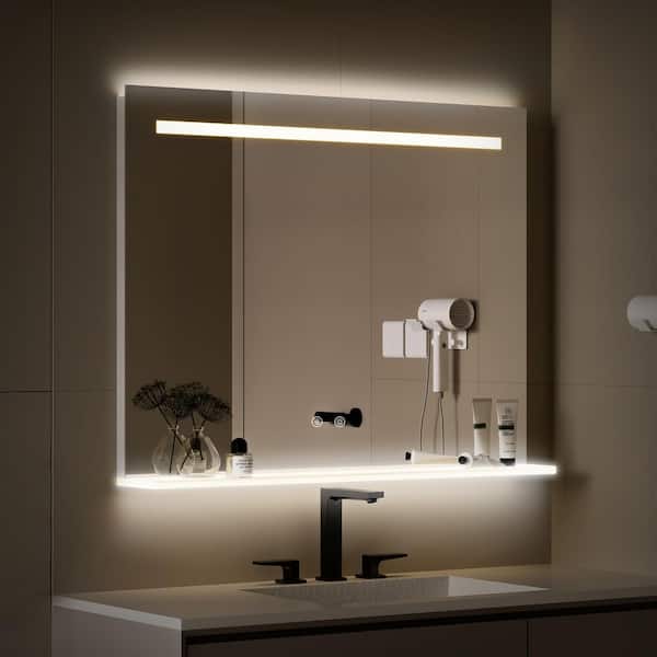 36 in. W x 28 in. H Rectangular Frameless Wall Bathroom Mirror with Shelf Modern Bathroom Vanity Mirror in White