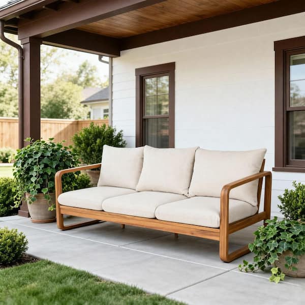 Estelynn Modern Teak Finish Acacia Wood Patio 3-Seater Sofa Outdoor Couch with Beige Cushion, Water-Repellent