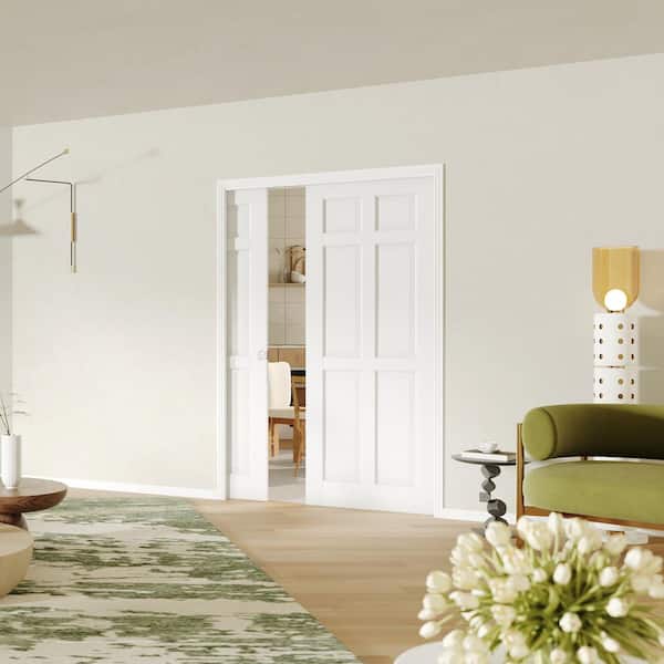 TENONER 48 in. x 80 in. White Primed 6-Panel Wood Pocket Door with