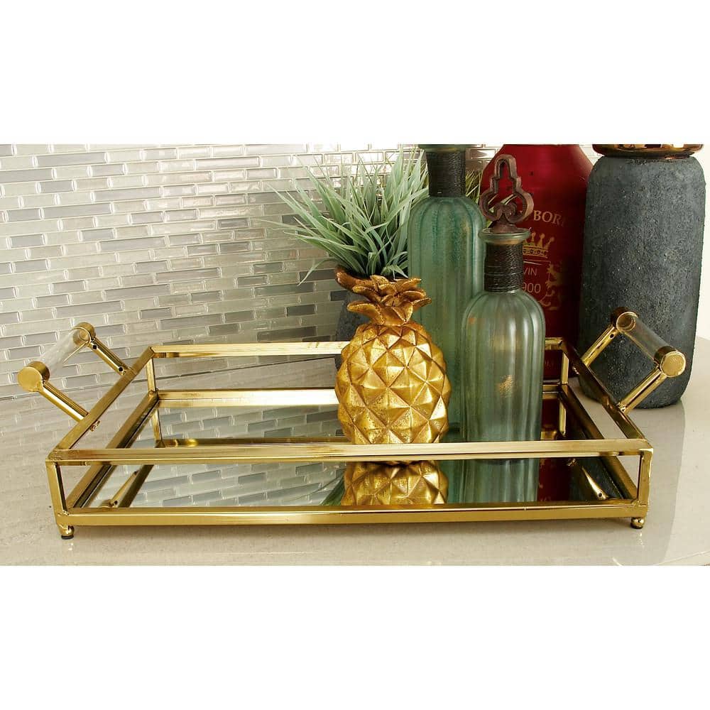 Gold Metal Mirrored Decorative Tray with Acrylic Handles