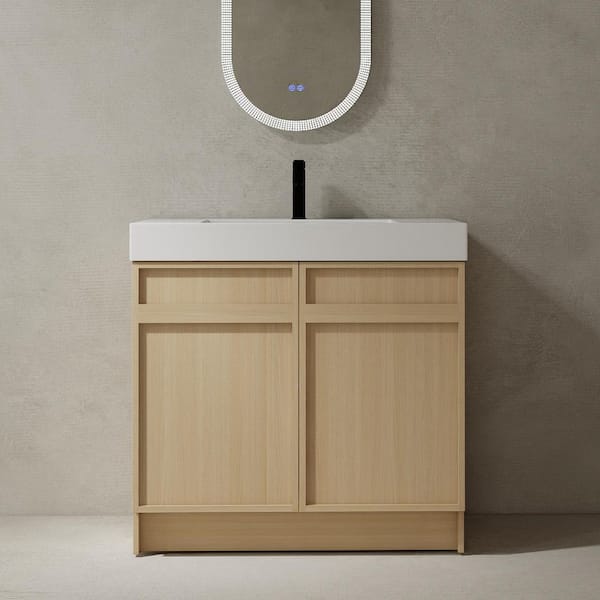 36 in. Single Sink Freestanding Oak Bath Vanity with White Resin Top, Adjustable Shelf, Sewer Cover
