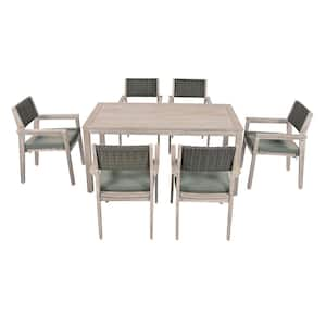 White Washed 7-Piece Wood Outdoor Dining Set, Patio Dining Table and Chairs with Grey Removable Cushions for Backyard