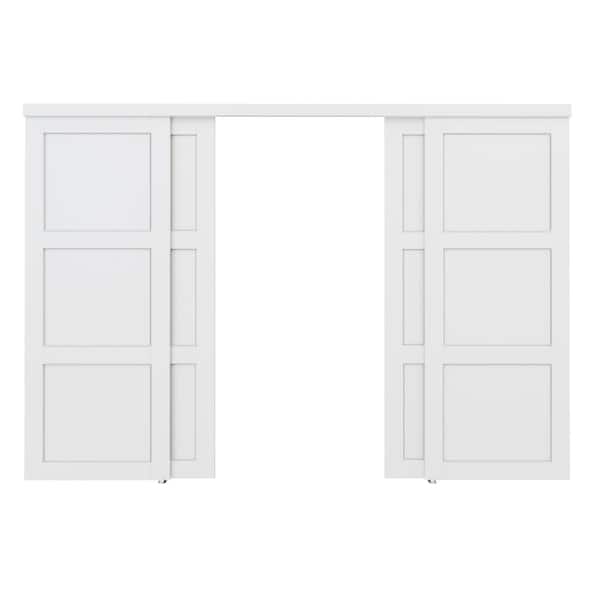 120 in. x 96 in. Paneled 3-Lite White Primed MDF Muti-Design Sliding Door with Hardware