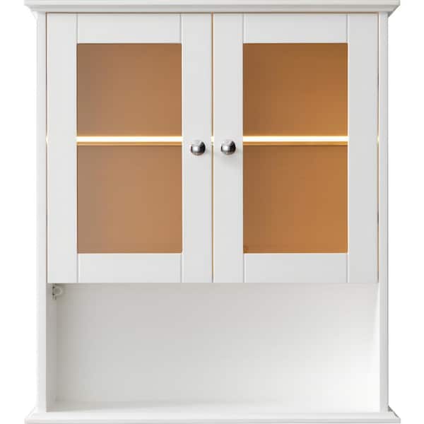 WELLFOR 26.2 in. W x 7.9 in. D x 29.5 in. H Bathroom Storage Wall Cabinet in White with Light Strip Behind the Glass Shelf