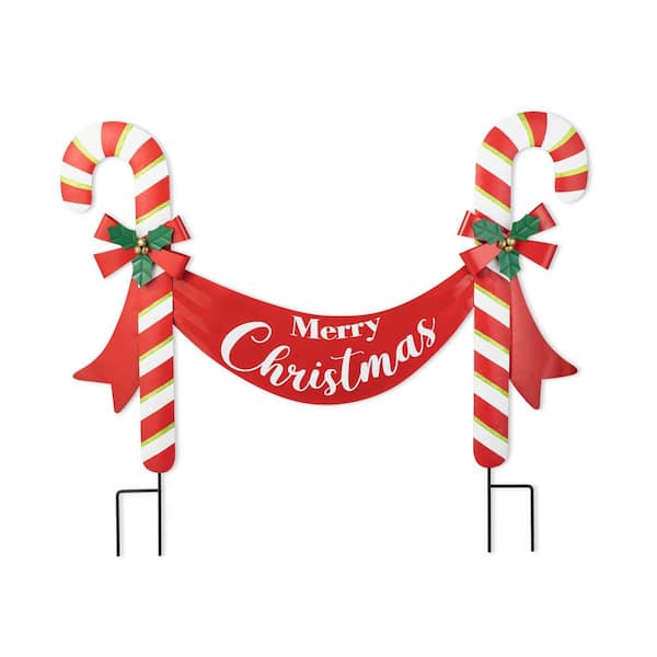 Glitzhome 30 in. H Christmas Metal Merry Christmas Candy Cane Yard Stake or Wall Decor
