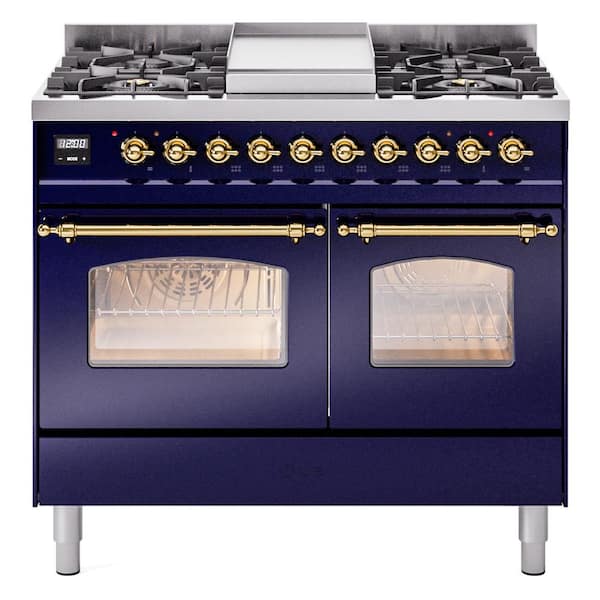 ILVE Nostalgie II 40 in. 6-Burner plus Griddle Double Oven Liquid Propane Dual Fuel Range in Midnight Blue with Brass