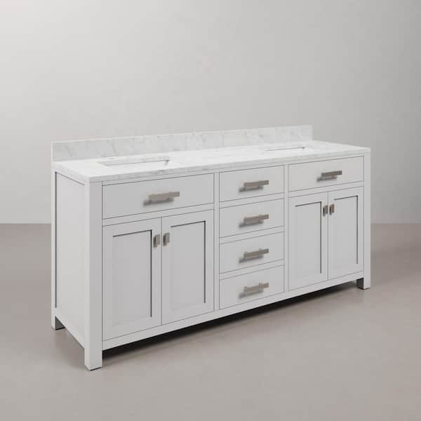 Madison 72 in. W x 21.5 in. D x 34 in. H Double Sink Bath Vanity in Pure White with Carrara White Marble Top