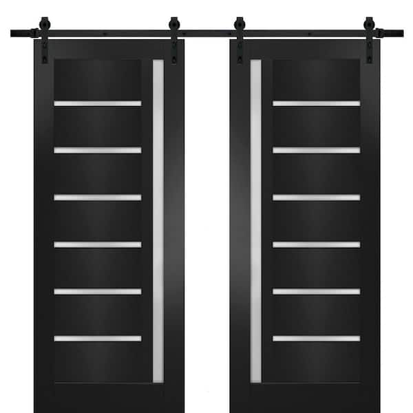 30 in. x 96 in. 2 Panel Frosted Glass Black Matte Solid MDF Sliding Barn Door with Hardware Kit