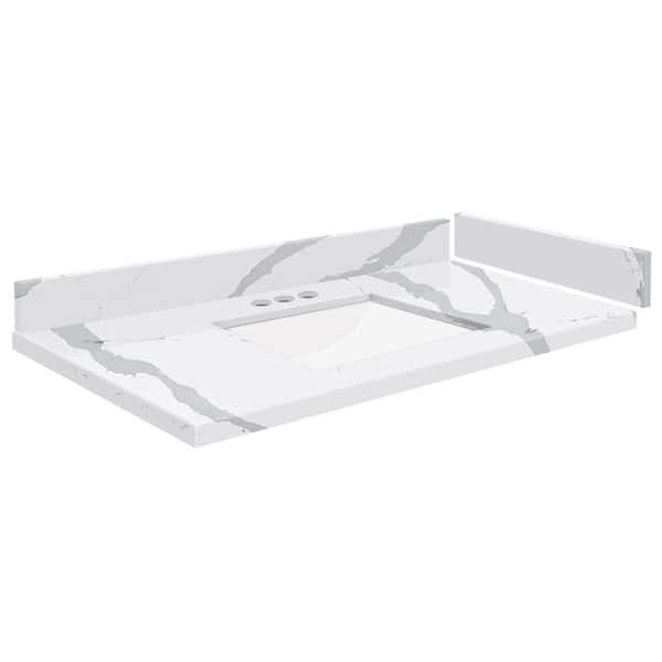 Transolid Silestone 34 in. W x 22.25 in. D Quartz White Rectangular Single Sink Vanity Top in Bianco Calacatta