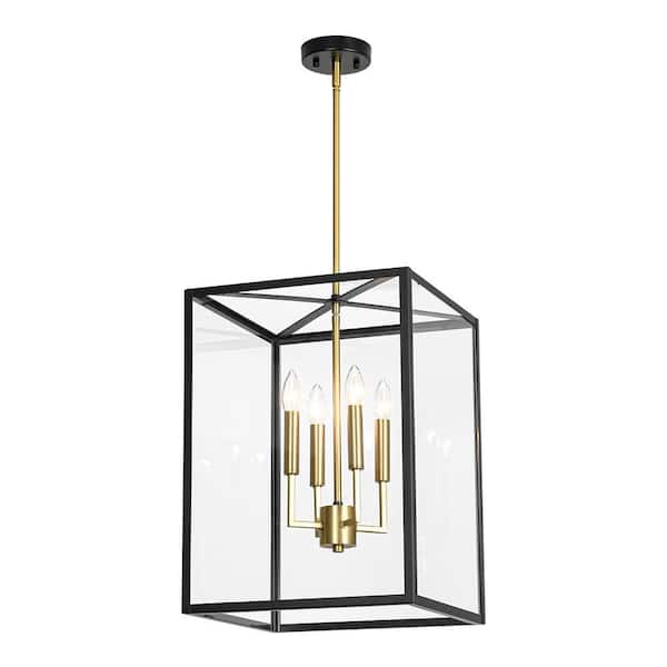 Puente 4-Light 15 in.W Matte Black Chandelier Square Rectangular Clear Glass Pendant Light with Brass Accent for Kitchen