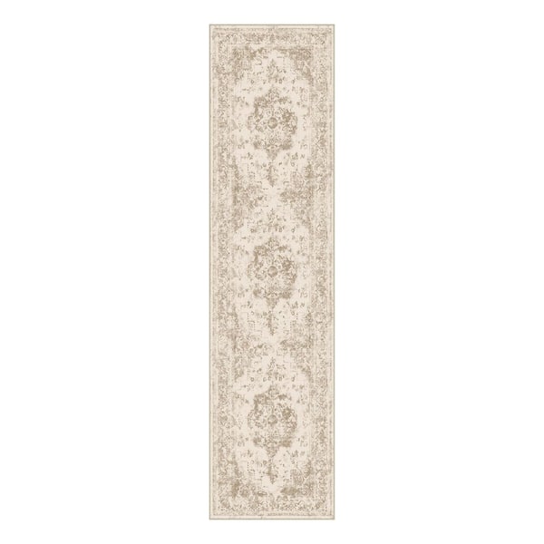 Jane Eyre Beige 2 ft. x 8 ft. Vintage Medallion Distressed Runner Rug