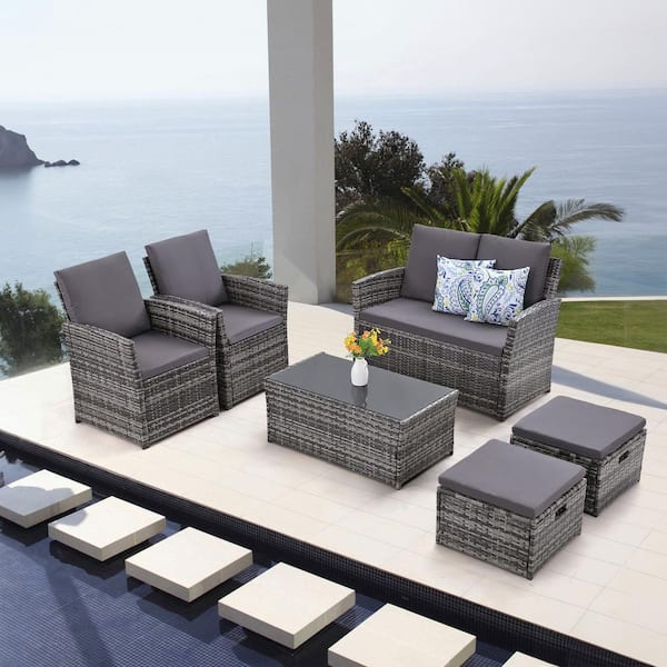 Gray 6-Piece Wicker Outdoor Sectional Set with Cushionguard Blue Cushions, 4-Sofas, 2-Ottomans and 1-Table