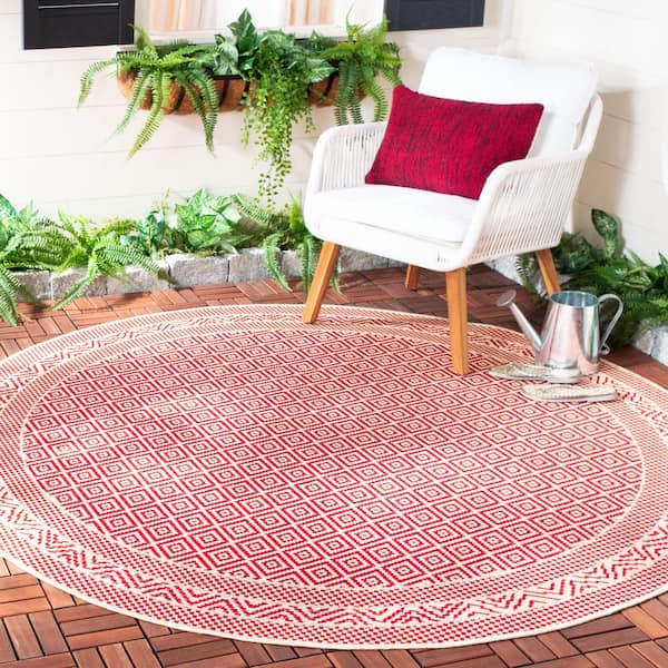 Courtyard Beige/Red 7 ft. x 7 ft. Round Geometric Indoor/Outdoor Patio  Area Rug