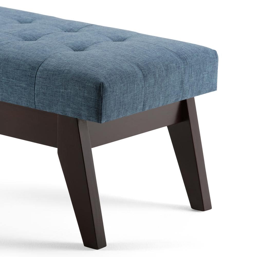Draper Mid Century Tufted Ottoman Bench in Denim Blue Linen