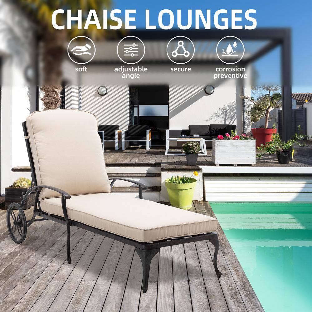 Beige Cushioned Cast Aluminum Chaise Lounge with Arms